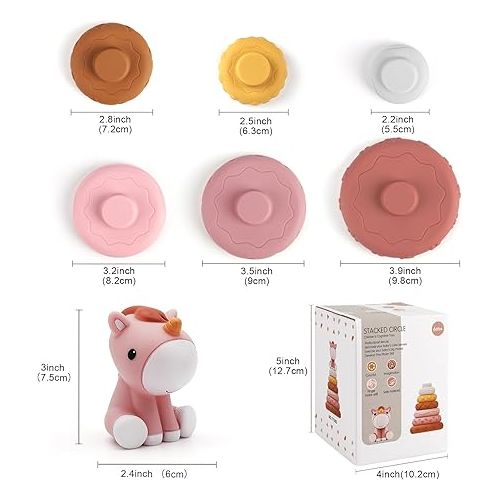  Nueplay 7 Pcs Stacking & Nesting Baby Toys, Squeeze Teething Baby Toys and Building Circle with Pink Horse Figure, Newborn Essentials for 6 12 18 Months Baby Toddler Girls