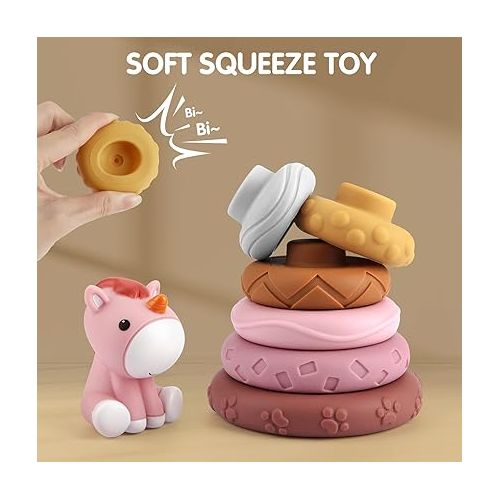  Nueplay 7 Pcs Stacking & Nesting Baby Toys, Squeeze Teething Baby Toys and Building Circle with Pink Horse Figure, Newborn Essentials for 6 12 18 Months Baby Toddler Girls