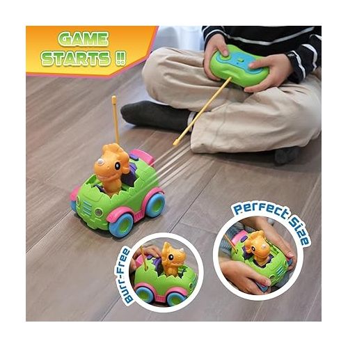  Nueplay Remote Control Car for Toddler Age 2 3 4 5, Electric RC Car Toys with Light & Music, Toddler Dinosaur Toys, Dino Figures Truck Race Car Vehicles, Christmas Birthday Gift for Boys & Girls