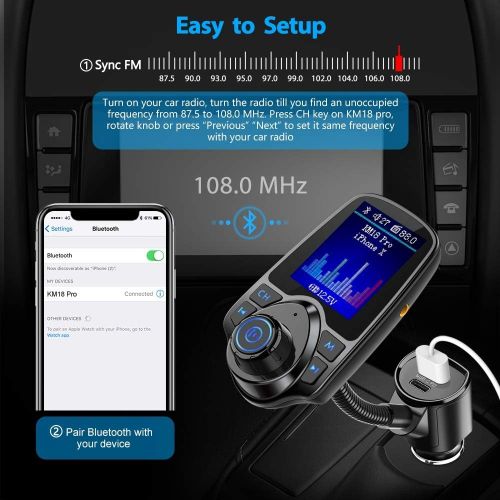  [아마존 핫딜] Nulaxy Bluetooth FM Transmitter for Car, USB-C PD Car Charger 1.8 Color Screen Wireless Radio Adapter Music Streaming Hands Free Car Kit with 5V/2.4A Charger, SD Card Slot, Aux in/