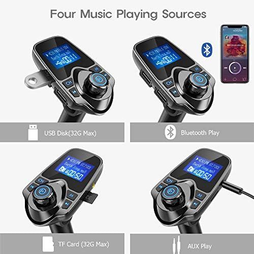  [아마존베스트]Nulaxy Bluetooth Car FM Transmitter Audio Adapter Receiver Wireless Handsfree Voltmeter Car Kit TF Card AUX USB 1.44 Display - KM19 Black