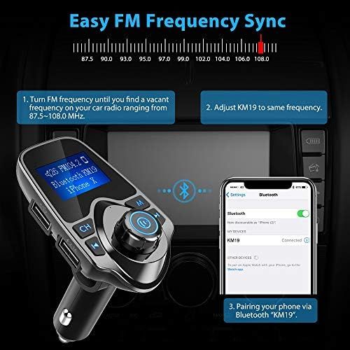  [아마존베스트]Nulaxy Bluetooth Car FM Transmitter Audio Adapter Receiver Wireless Handsfree Voltmeter Car Kit TF Card AUX USB 1.44 Display - KM19 Black