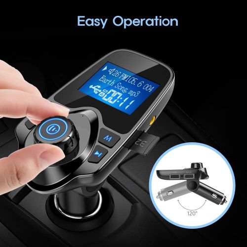  [아마존베스트]Nulaxy Bluetooth Car FM Transmitter Audio Adapter Receiver Wireless Handsfree Voltmeter Car Kit TF Card AUX USB 1.44 Display - KM19 Black