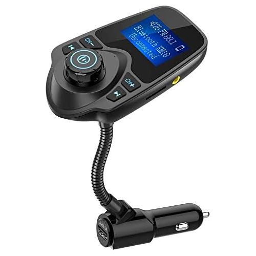  [아마존베스트]Nulaxy Bluetooth Car FM Transmitter Audio Adapter Receiver Wireless Handsfree Voltmeter Car Kit TF Card AUX 1.44 Display - KM18 Black Matte