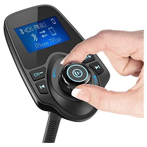  [아마존베스트]Nulaxy Bluetooth Car FM Transmitter Audio Adapter Receiver Wireless Handsfree Voltmeter Car Kit TF Card AUX 1.44 Display - KM18 Black Matte