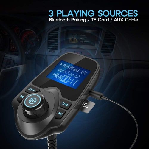  [아마존베스트]Nulaxy Bluetooth Car FM Transmitter Audio Adapter Receiver Wireless Handsfree Voltmeter Car Kit TF Card AUX 1.44 Display - KM18 Black Matte