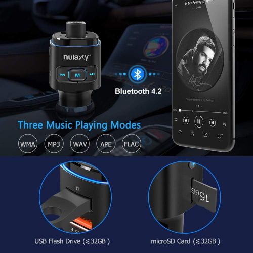  [아마존베스트]Nulaxy Bluetooth FM Transmitter for Car, 7 Color LED Backlit Bluetooth Car Adapter with QC3.0 Charging, Support Siri Google Assistant, USB Flash Drive, microSD Card, Handsfree Car