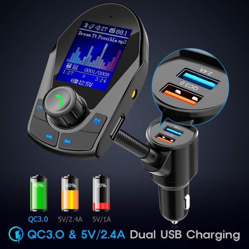  [아마존베스트]Nulaxy Bluetooth FM Transmitter for Car, Upgraded 1.8 Color Screen Wireless Car Radio Adapter with QC3.0 & 5V/2.4A Charging, Support Handsfree Call, microSD, USB Flash Drive, Aux P