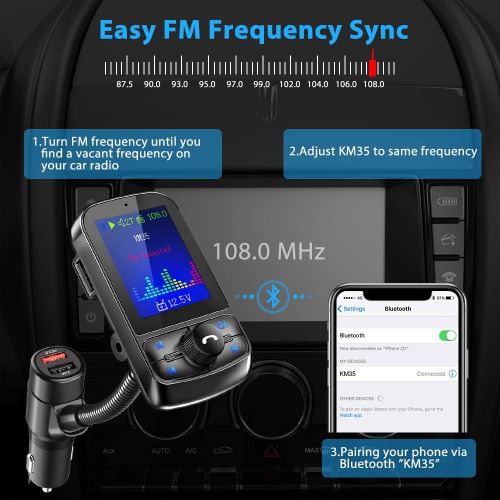  [아마존베스트]Nulaxy Bluetooth FM Transmitter for Car, 1.8 Color Screen Wireless Radio Adapter with QC3.0 & 5V 2.4A Charging, Support USB Flash Drive, microSD Card, Handsfree Calls, Aux Play, EQ