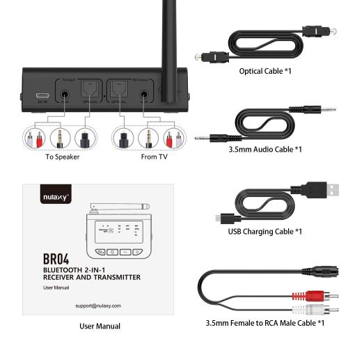  Nulaxy aptX HD Long Range Bluetooth Transmitter for TV, Bluetooth 5.0 Transmitter Receiver Adapter for PC Audio, Home Stereo, Optical Digital, AUX & RCA, No Lip Sync Delay - BR04