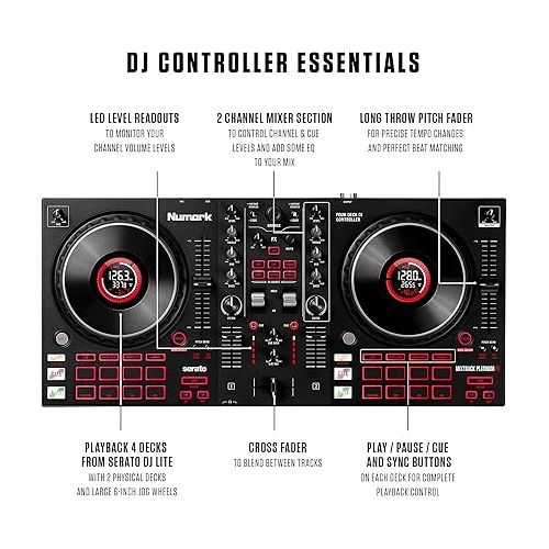  Numark Mixtrack Platinum FX - DJ Controller For Serato DJ with 4 Deck Control, DJ Mixer, Built-in Audio Interface, Jog Wheel Displays and FX Paddles