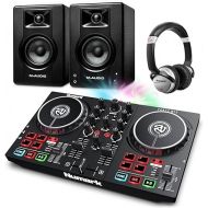 Beginner DJ Set - Numark DJ Controller and DJ Headphones plus M-Audio DJ Monitor Speakers with Serato DJ Lite and Party Lights