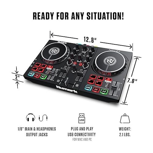  Beginner DJ Set - Numark DJ Controller and DJ Headphones plus M-Audio DJ Monitor Speakers with Serato DJ Lite and Party Lights