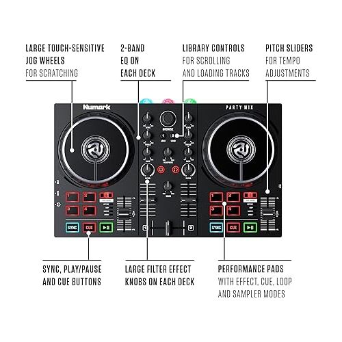  Numark Party Mix II - DJ Controller with Party Lights, DJ Set with 2 Decks, DJ Mixer, Audio Interface and USB Connectivity + Serato DJ Lite