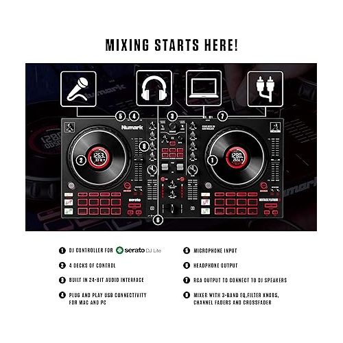  Numark Mixtrack Platinum FX + HF125 - DJ Controller For Serato DJ with 4 Deck Control, DJ Mixer and Audio Interface, and Professional DJ Headphones