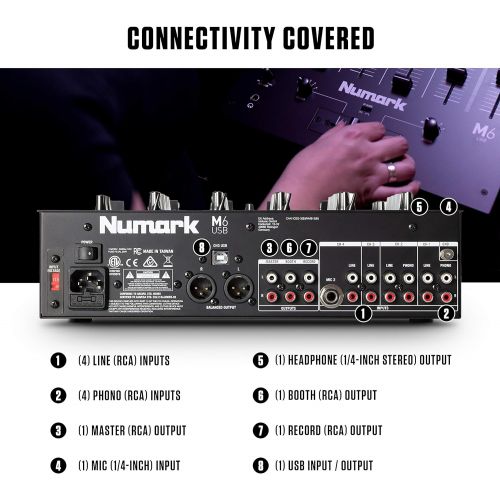  Numark M6 USB | 4-Channel DJ Mixer with On-Board Audio Interface, 3-Band EQ, Club-Ready Inputs, Microphone Input and Replaceable Crossfader with Slope Control