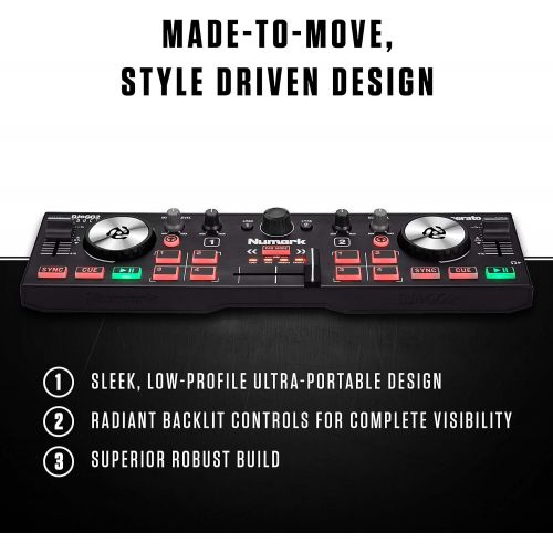  Numark DJ2GO2 Touch  Compact 2 Deck USB DJ Controller For Serato DJ with a Mixer/Crossfader, Audio Interface and Touch Capacitive Jog Wheels