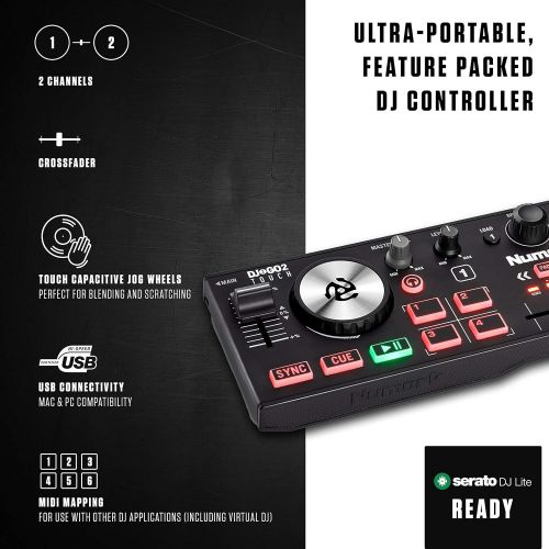  Numark DJ2GO2 Touch  Compact 2 Deck USB DJ Controller For Serato DJ with a Mixer/Crossfader, Audio Interface and Touch Capacitive Jog Wheels