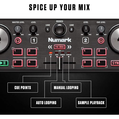  Numark DJ2GO2 Touch  Compact 2 Deck USB DJ Controller For Serato DJ with a Mixer/Crossfader, Audio Interface and Touch Capacitive Jog Wheels