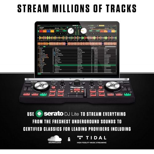  Numark DJ2GO2 Touch  Compact 2 Deck USB DJ Controller For Serato DJ with a Mixer/Crossfader, Audio Interface and Touch Capacitive Jog Wheels