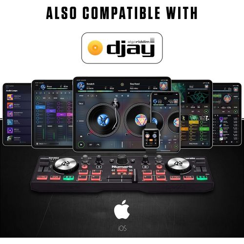  Numark DJ2GO2 Touch  Compact 2 Deck USB DJ Controller For Serato DJ with a Mixer/Crossfader, Audio Interface and Touch Capacitive Jog Wheels