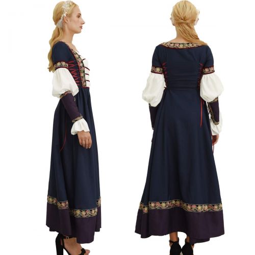  Nuoqi Womens Viking Dress Costume Renaissance Embroidery Dress with Viking Wrist Guard Navy Blue