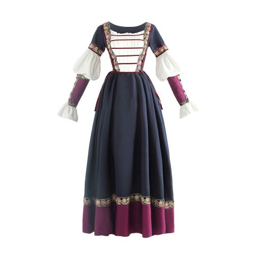  Nuoqi Womens Viking Dress Costume Renaissance Embroidery Dress with Viking Wrist Guard Navy Blue