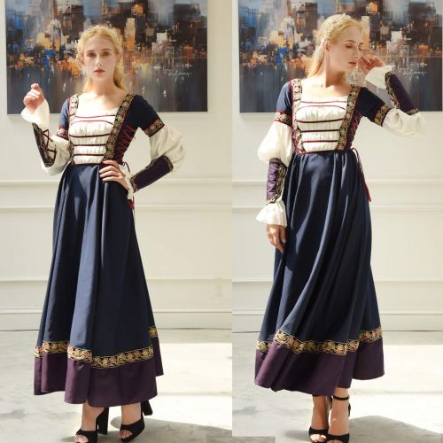  Nuoqi Womens Viking Dress Costume Renaissance Embroidery Dress with Viking Wrist Guard Navy Blue