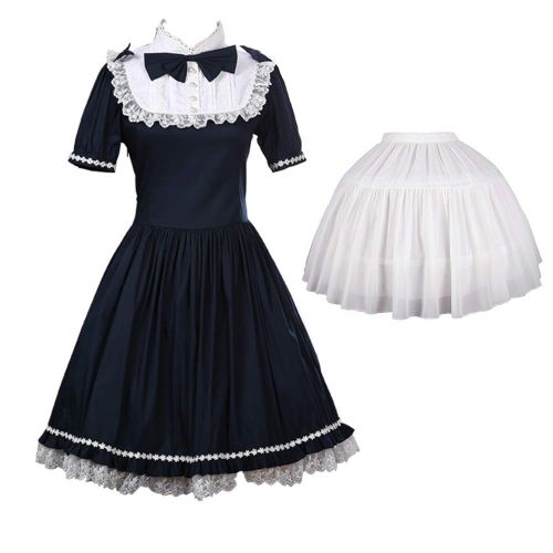  Nuoqi Lolita Sweet Princess Summer Dresses Japanese Maid Lace Short Sleeve Dress