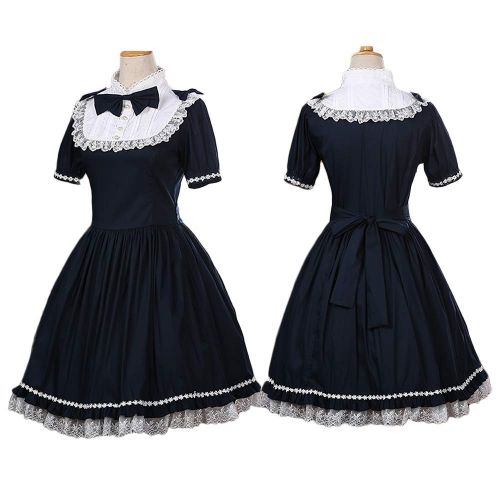  Nuoqi Lolita Sweet Princess Summer Dresses Japanese Maid Lace Short Sleeve Dress