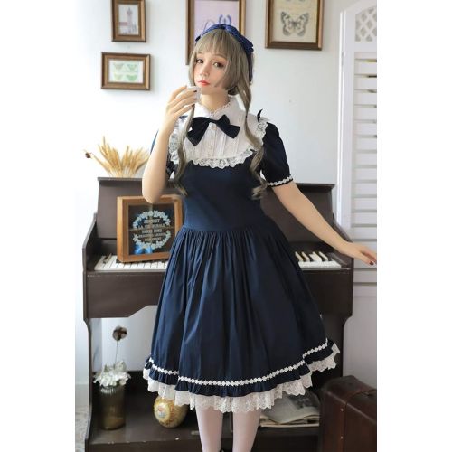  Nuoqi Lolita Sweet Princess Summer Dresses Japanese Maid Lace Short Sleeve Dress