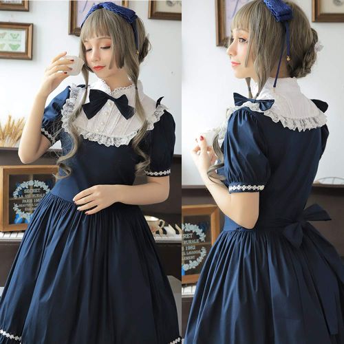  Nuoqi Lolita Sweet Princess Summer Dresses Japanese Maid Lace Short Sleeve Dress