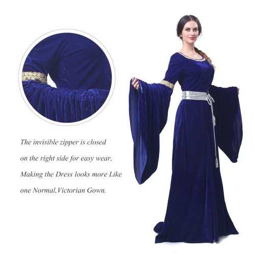  Nuoqi Womens Medieval Maxi Dress Renaissance Princess Girls Long Flared Sleeve Costume Irish Gothic Vintage Victorian Retro Gown