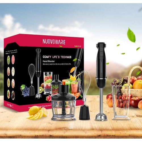  Nuovoware Ultra-Stick 6-Speed Smart Powerful 4 in 1 Immersion Hand Blender - Includes Whisk Attachment Heavy Duty Copper Motor Stainless Steel - Black