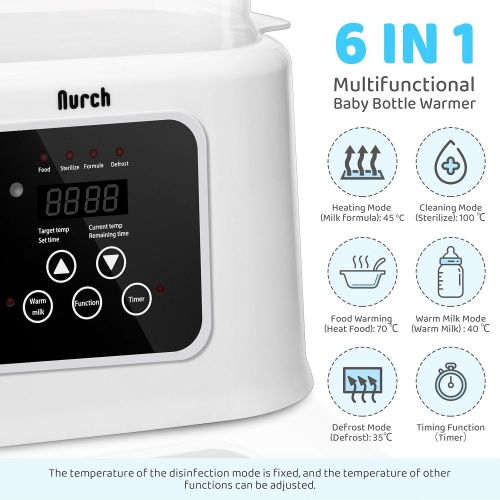  Nurch Baby Bottle Warmer 6-in-1 Baby Food Heater Rapid Heating with LCD Display Accurate Temperature Control with Pliers, Brush, Egg Steamer Tools Large Capacity