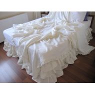 /linen ruffled Queen or King duvet cover,shabby chic bedding - Solid White ivory light blue gray ruffled linen custom bedding Nurdanceyiz