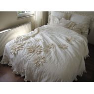 Dahlia Flower Applique Bohemian bedding shabby chic duvet cover bedspread - QUeen King neutral cotton Linen custom bedding Nurdanceyiz