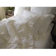 SHABBY chic pintuck bedding Full Queen King ruffle duvet cover- white or ivory cotton- ELEGANT ruffle sham-cotton lace rib trim Nurdanceyiz