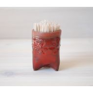 /NuritCeramics Bathroom storage, Q-tip holder, Small ceramic container, Toothpick Holder, red container, bathroom decor, Kitchen accessories