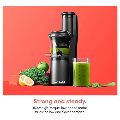  nutribullet Slow Juicer, Slow Masticating Juicer Machine, Easy to Clean, Quiet Motor & Reverse Function, BPA-Free, Cold Press Juicer with Brush, 150 Watts, Charcoal Black, NBJ50300, 24-oz