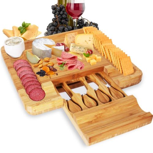  Nutrichef Natural Bamboo Cheese Board & Cutlery Set with Drawer Compartment