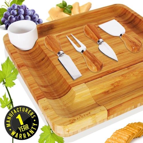  Nutrichef Natural Bamboo Cheese Board & Cutlery Set with Drawer Compartment