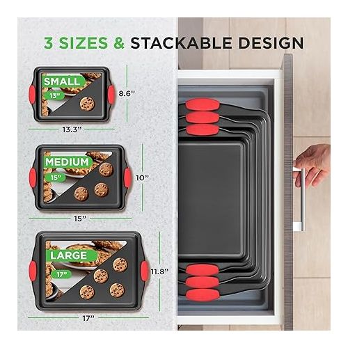  NutriChef 3-Piece Nonstick Kitchen Oven Baking Pans - Premium & Stylish Non-Stick Steel, Commercial Grade Restaurant Quality Metal Bakeware with Red Silicone Handles - Easy to Clean, NCSBS3S