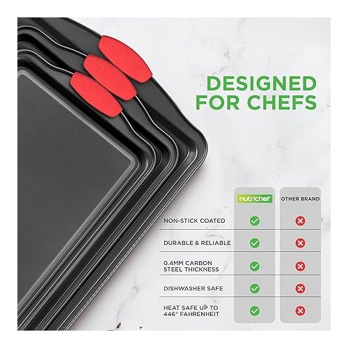  NutriChef 3-Piece Nonstick Kitchen Oven Baking Pans - Premium & Stylish Non-Stick Steel, Commercial Grade Restaurant Quality Metal Bakeware with Red Silicone Handles - Easy to Clean, NCSBS3S