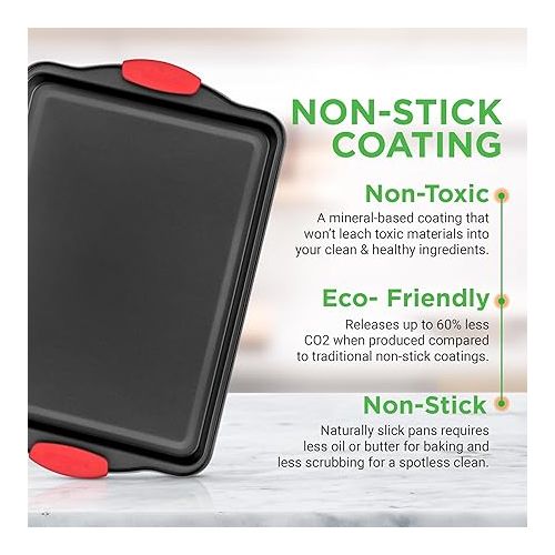 NutriChef 3-Piece Nonstick Kitchen Oven Baking Pans - Premium & Stylish Non-Stick Steel, Commercial Grade Restaurant Quality Metal Bakeware with Red Silicone Handles - Easy to Clean, NCSBS3S