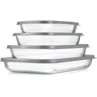NutriChef 4-Piece Glass Baking Dish with Lids - Stackable Rectangular Glass Oven Bakeware w/Grey BPA-Free Lids - Baking Pans for Lasagna, Meatloaf, Casserole, Leftovers, & More, Dishwasher Safe