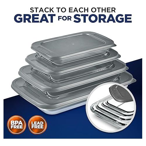  NutriChef 4-Piece Glass Baking Dish with Lids - Stackable Rectangular Glass Oven Bakeware w/Grey BPA-Free Lids - Baking Pans for Lasagna, Meatloaf, Casserole, Leftovers, & More, Dishwasher Safe