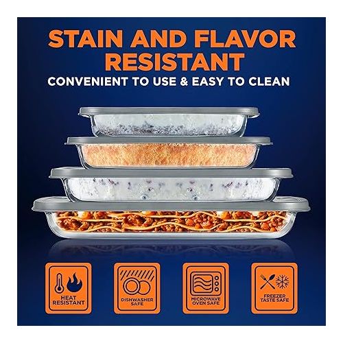  NutriChef 4-Piece Glass Baking Dish with Lids - Stackable Rectangular Glass Oven Bakeware w/Grey BPA-Free Lids - Baking Pans for Lasagna, Meatloaf, Casserole, Leftovers, & More, Dishwasher Safe