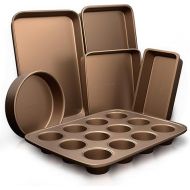 NutriChef 6-Piece Nonstick Bakeware Set, Carbon Steel Baking Pans, Includes Cookie Trays, Wide & Square Bake Pan, Bread Loaf & Round Cake Pan, Muffin Pan - Gold