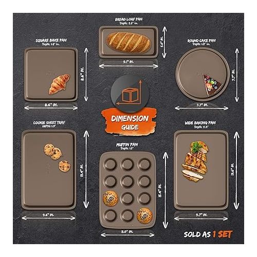 NutriChef 6-Piece Nonstick Bakeware Set, Carbon Steel Baking Pans, Includes Cookie Trays, Wide & Square Bake Pan, Bread Loaf & Round Cake Pan, Muffin Pan - Gold